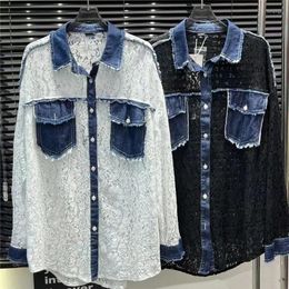 Women's Blouses 2024 Lace Stitching Sunscreen Denim Coat Summer High Quality Mid-length Loose Casual Fashion Sexy Shirt Top