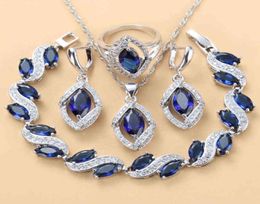 925 Sterling Silver Wedding Accessorie Bridal Jewellery Sets With Natural Stone CZ Blue Bracelet And Ring Sets 2201132338200