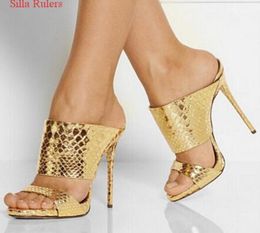 2018 Gold Silver SnakeStamped Slide Sandals Sexy Gladiator Sandals Women High Heels Slipper Women Shoes Woman Pumps Sandalias Muj1524939