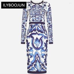 Casual Dresses Summer Fashion Designer Vintage Cotton Dress Women O-neck Blue And White Porcelain Printing Package Buttocks Midi