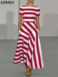VONDA 2024 Women Sexy Off Shoulder Elegant Stripe Printed Maxi Dress Casual Loose Long Sundress Short Sleeve Bohemian Vestidos 240425