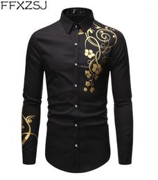 Stylish Gold Flower Print Black Shirt Men 2020 Spring New Slim Fit Long Sleeve Mens Dress Shirts Party Casual Male Social Shirt13115928