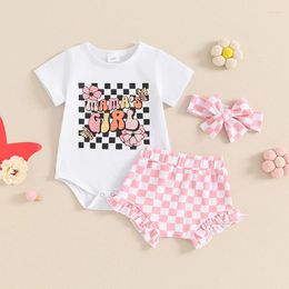 Clothing Sets Baby Girls Summer Outfits Letter Print Short Sleeve Romper And Elastic Checkerboard Shorts Cute Headband 3 Piece Clothes