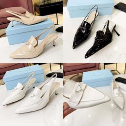 Brand Leiure Dre Hoe for Women 5.5CM High Heel Leather Pointed Hoe Elatic Ankle Trap Back Empty Party Andal Triangle Buckle Decoration Deigner Original Quality