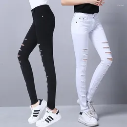 Women's Jeans 2024 Women Skinny Girls Pants Holes Knees Pencil Casual Cotton Black White Shredded Lu986