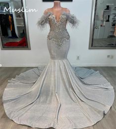 Party Dresses Shine Silver Prom Dress For Black Girls 2024 Off Shoulders Crystal Diamond Feather Evening Mermaid Birthday Formal