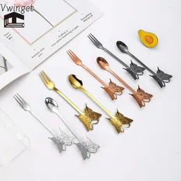 Coffee Scoops Stainless Steel Spoon Butterfly Hanging Cup Dessert Cake Fruit Fork Stirring Kitchen Decorative Tableware