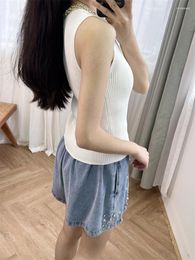Women's Sweaters Women ClothingWomen's White Knitted Tank Top Summer French Style Droplet Neckline With Diamond Set Sleeveless Slim Fit