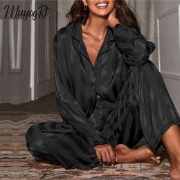 Women Nightwear Grid Stripe Luxury Ice Silk Pyjamas Set Long Sleeve Soft Sleepwear Female Winter Homewear 240426