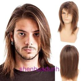 Mens synthetic fiber machine wig shawl shoulder length mens broken hair brown cover WIGS