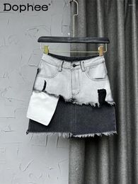 Skirts Women Denim Skirt Patchwork Tassel High Waist Contrast Color A-line Wrap Hip Mini 2024 Summer Short Streetwear