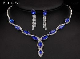 BLIJERY Silver Plated Royal Blue Crystal Wedding Jewellery Sets for Women Leaf Tassel Long Necklace Earrings Bridal Jewellery Sets13005069024