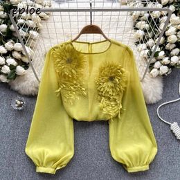 Women's Blouses Neploe Vintage Fashion O-neck 3d Flower Blusas Mujer Y2k Puff Sleeve All-match 2024 Spring Slim Fit Shirts Women