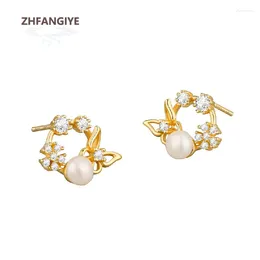 Stud Earrings ZHFANGIYE Pearl Zircon For Women 925 Silver Jewelry Wedding Party Birthday Bridal Banquet Gift Wholesale