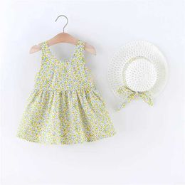 Girl's Dresses 2/piece set of summer girls dresses hats baby girls wearing floral large bows sleeveless princess dresses