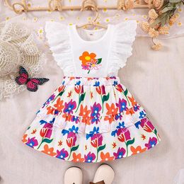Girl Dresses Toddler Baby Girls A-line Dress Summer White Lace Sleeve Tops Tiered Floral Print Children Outfits Clothes 3-8 Years