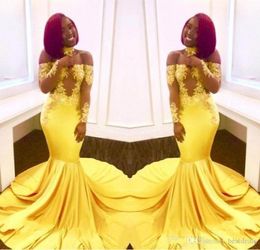 New Elegant Yellow Off the Shoulder Lace Prom Dresses Formal Long Sleeves Mermaid Appliques Satin Arabic Evening Gowns Formal Dres6660819