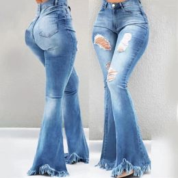 Women's Jeans Flared Denim Pants With High Waist Ripped Holes Tassel Cuffs For Women Stylish Zipper Button Pockets