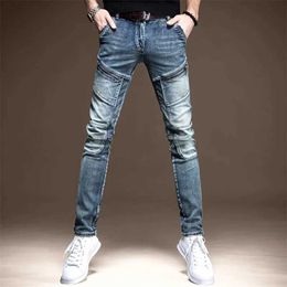 Men's Jeans Spring and Autumn Retro Motorcycle Zipper Designer Classic Ultra thin Panel Denim Street Clothing 90s Punk Work Mens Pants Q240427