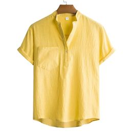2021 Primavera/verão New Men's Stand Up Collar Cotton Linen Camisa de manga curta para homens
