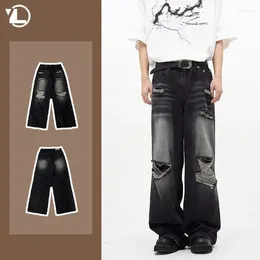 Men's Jeans American Street Men 2024 Black Distressed Hip-hop Wide Legs Denim Pants High Waisted Washed Straight Leg Cowboy Trousers