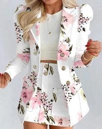 Work Dresses Two Piece Set Women Outfit 2024 Spring Floral Print Puff Sleeve Double Breasted Long Blazer Coat & Elegant Mini Skirt