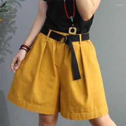 Women's Jeans 2024 Summer Arts Style Women Elastic Waist Loose Yellow All-matched Casual Cotton Denim Knee Length Wide Leg Pants V622