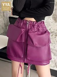 Skirts Women Genuine Leather Skirt Fashion Big Pockets Cargo High Elastic Waist Zip Casual Solid Color Real Sheepskin Mini