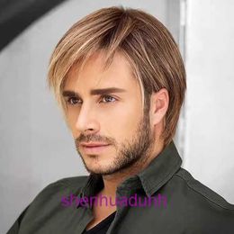 Mens wig short straight hair golden brown oblique bangs