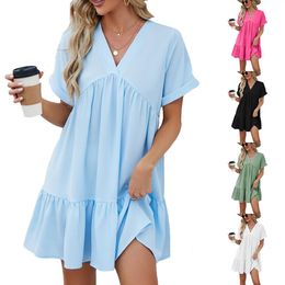 Spring And Summer Solid Colour V Neck Loose Pleated Dress For Women