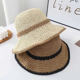 Wide Brim Hats Bucket New summer folding straw crochet bucket hat suitable for women outdoors sunset fisherman fashionable womens holiday beach spring gift Q240427