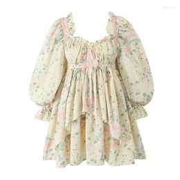 Party Dresses YENKYE Women Yellow Floral Print Irregular Princess Mini Dress Lantern Sleeve Bow Wood Ears Female Ball Gown Fairy Robe