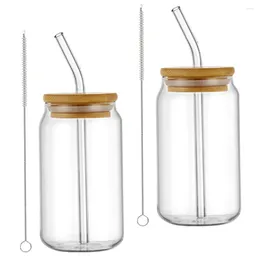 Mugs 2 Sets Glass Sippy Cup Coffee Carafe Cups Lids Straw Can Shaped Bamboo Straws Beverage