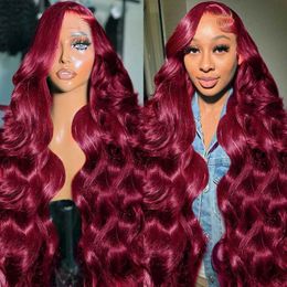 Synthetic Wigs 30 40 inches 250 density 99J Burgundy 13x6 lace front wig Remi body wave HD transparent female hair Q240427