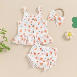 Clothing Sets 0-24M Baby Girls Floral Shorts Sleeveless Button Ruffle Tops PP Headband 3Pcs Outfits Infant Toddler Summer Clothes