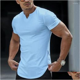Men'S T-Shirts Mens T Shirts Casual Slim Fit Sports Shirt Summer Short Sleeve V Neck Skinny Stretch Tees Leisure Men Clothes Streetwea Otyj2