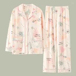 Women's Sleepwear 2024 Pajamas Women Spring Autumn Pure Cotton Long Sleeved Lapel Loose Homewear Set V-neck Print Loungewear