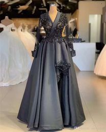 NEW Dark Gray Lace Applique A-Line Dress Vintage Long Sleeves Satin Formal Evening Gown Arabic Plus Size Party Pageant Dresses