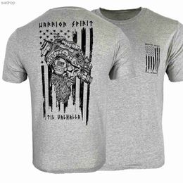 Men's T-Shirts Until Valhalla. American Warrior Spirit Vi king Tactical Skull Military T-shirt 100% Cotton O-Neck Short Sleeve Casual Mens T-shirtXW