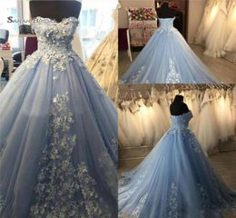 Light Sky Blue Ball Gown 3D Flower Prom Dresses Sweetheart Lace Appliques Beads Country Arty Dress Tulle Vestidos De Novia9942764