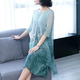 Party Dresses Noble Elegant Mother Spring Dress Women's Summer Middle-aged And Elderly Over Knee Chiffon Skirt O-Neck Silk Print