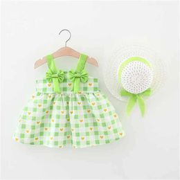 Girl's Dresses Summer 2/piece set of baby girl dresses hats and girls wearing plaid two bows suspenders princess dresses