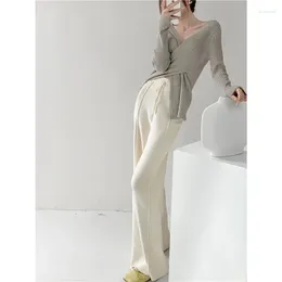 Women's Pants High Waist Straight Trousers Drawstring Korean 2024 Winter Knitted Women Slim Fashion Cotton Wide Leg For