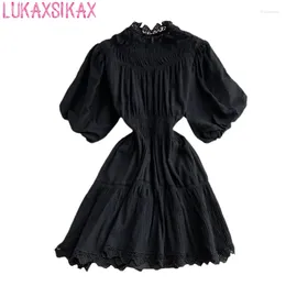 Party Dresses LUKAXSIKAX Spring Autumn Women Stand Collar Puff Sleeve Slim Mini Dress Sweet Lace Patchwork Pleated Lolita
