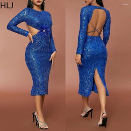 Casual Dresses HLJ Blue Fashion Sequin Hollow Bodycon Party Club Women O Neck Long Sleeve Slim Vestidos Female Ruched Splicing Clothing