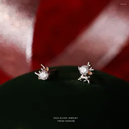 Stud Earrings S925 Sterling Silver Christmas Elk Zircon For Women Small Lovely Exquisite And Asymmetrical Jewellery Gift