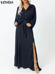 Casual Dresses VONDA Women Elegant Dress 2024 Summer Long Sleeve Maxi Sundress Fashion Lapel Split Solid Color Buttons Robe Belted