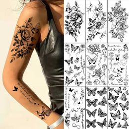 Tattoo Transfer Black Flower Tattoo Stickers for Hand Arm Waterproof Temporary Tattoos for Women Butterfly Fake Tattoo Sleeve Tatoos Girls 240427