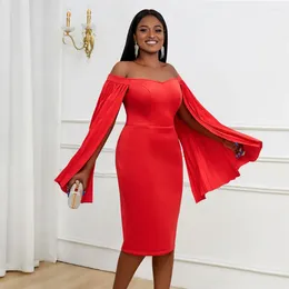 Casual Dresses Fashion Women Elegant Long Sleeves Off Shoulder Split Pleat Dress Party Midi Gowns