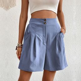Women's Shorts Ladies Summer Solid Casual Cotton Linen Elastic High Waist Wide Leg Button Loose Korean Fashion Outfit2024